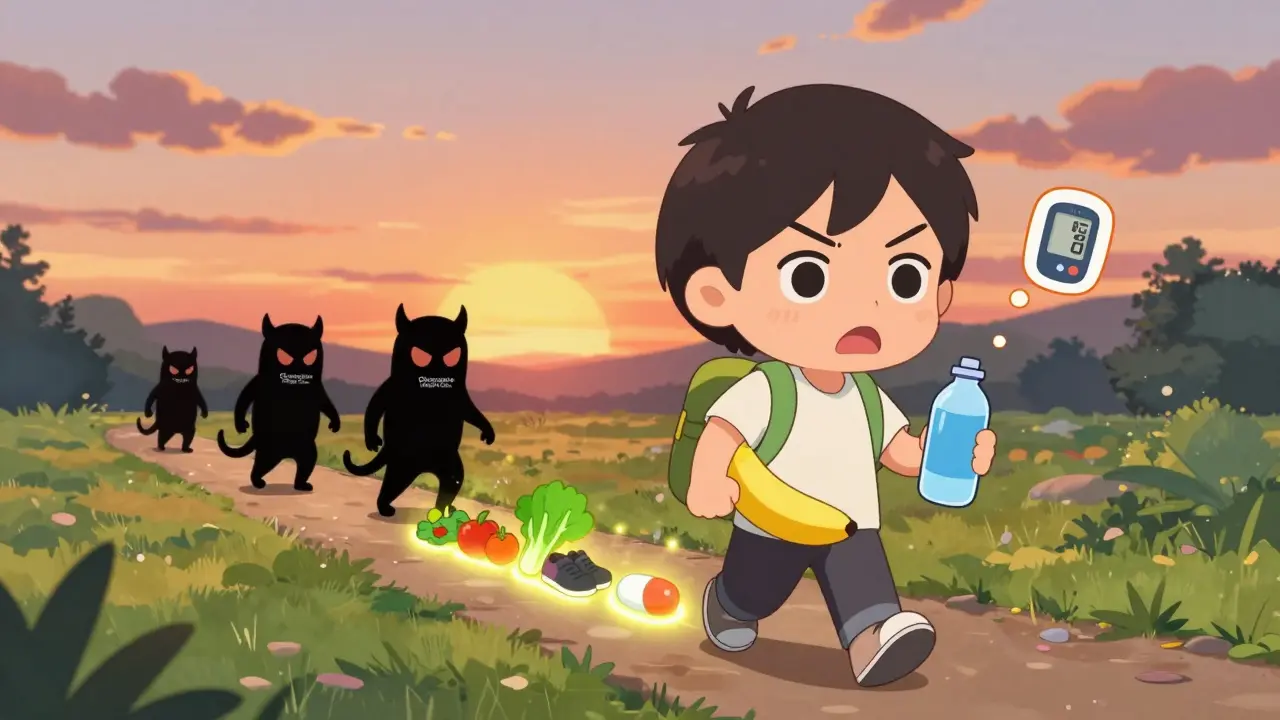 Person walking healthily at sunset, leaving behind metabolic risks as glowing healthy choices appear.