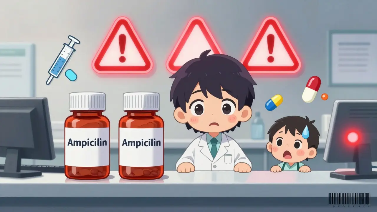 Pharmacist surrounded by glowing warning symbols above similar-looking medication bottles.