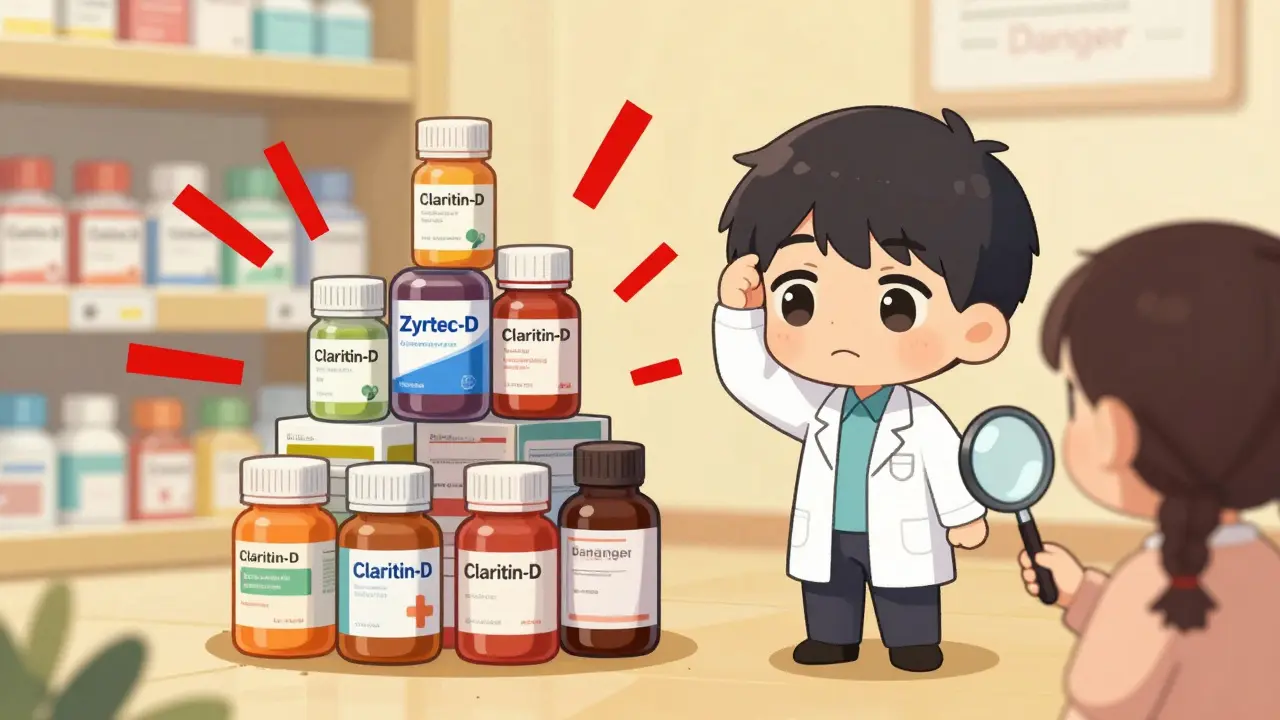 Pharmacist warning against stacked medication bottles with glowing danger lines.