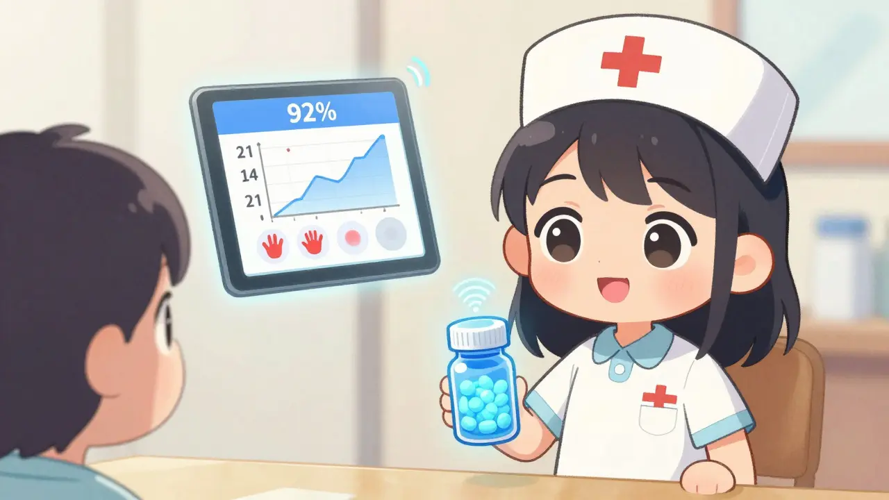 Smart pill bottle glows as nurse avatar hovers nearby with adherence graph.