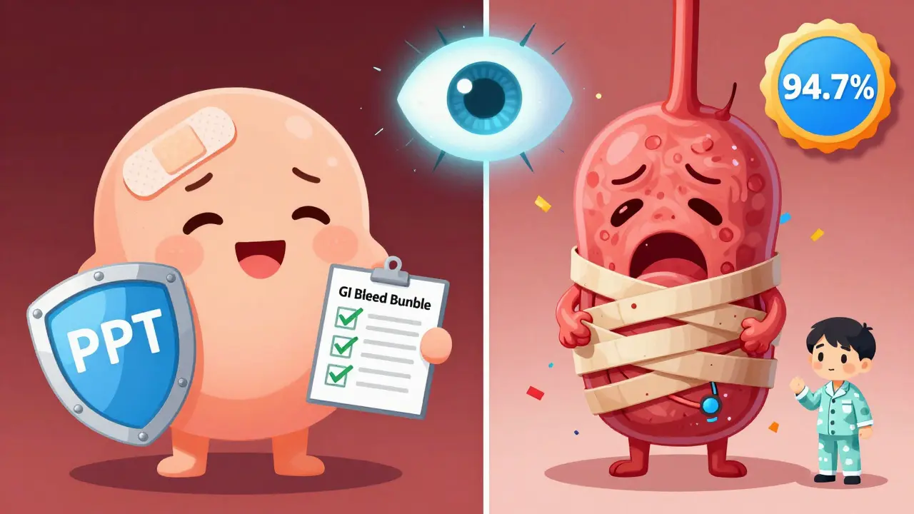 Split chibi scene: ulcer with bandage vs. varix with rubber bands under AI eye.
