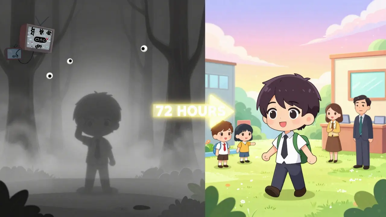 Split scene: isolated person in gray fog vs. same person thriving in colorful community center.