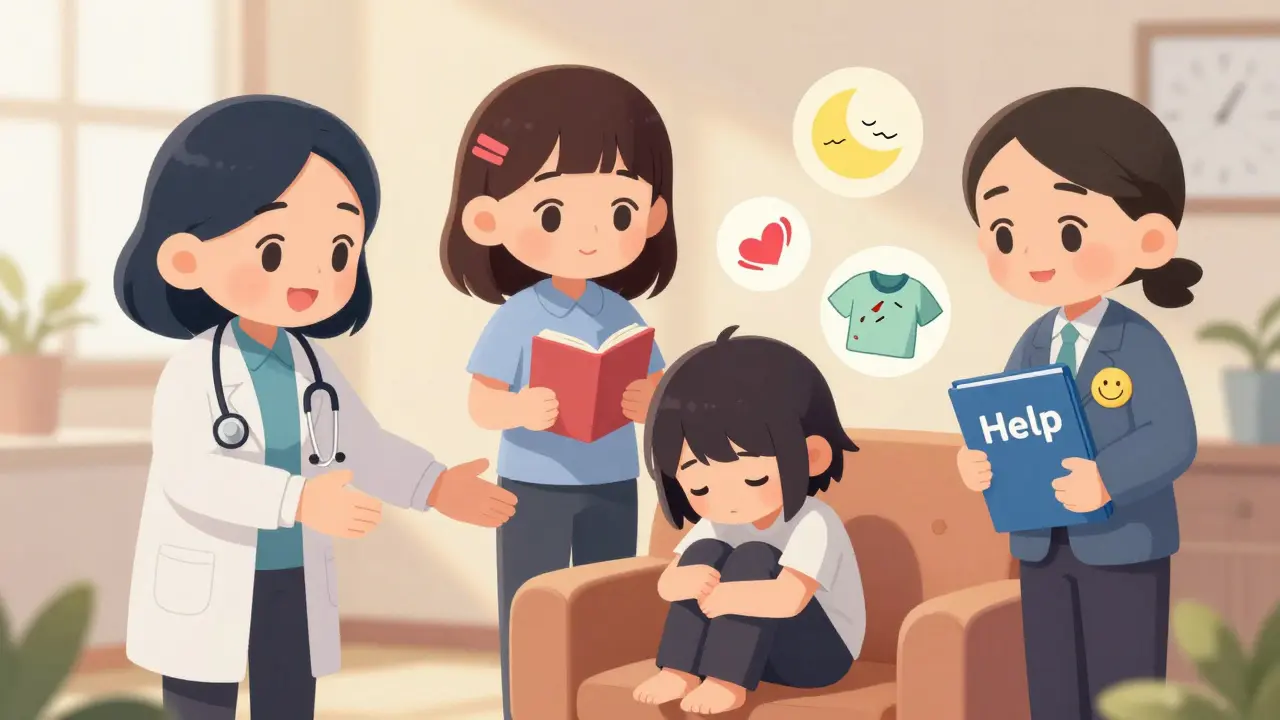 Supportive chibi CSC team gently reaching out to a withdrawn teen on a couch.