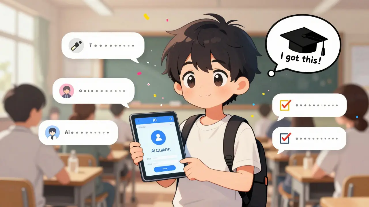 Teen using AI speech app in noisy cafeteria, with clean audio visualized as organized bubbles and chaotic noise fading.