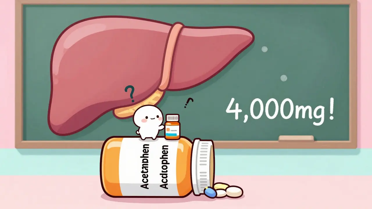 Tiny characters adding up pill doses as a giant falling liver looms behind them.
