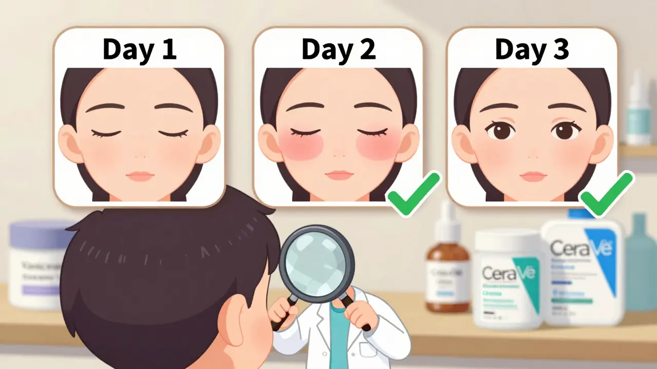 Tiny dermatologist checking patch test behind ear with three-day reaction panels.