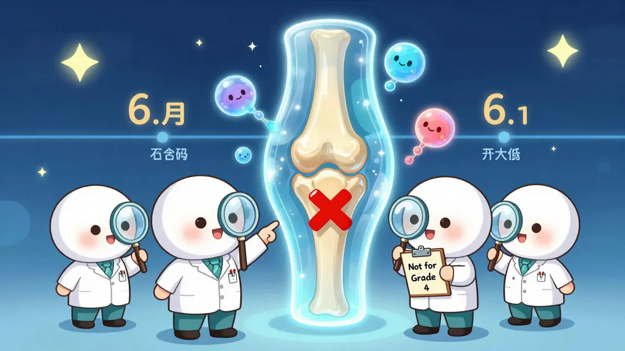 Tiny doctors examining a jelly-like knee with smiling hyaluronic acid molecules in anime chibi style.