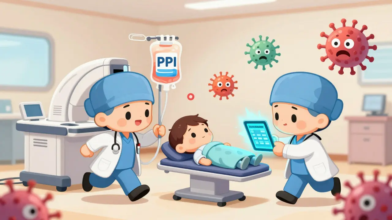 Tiny doctors rushing patient to endoscopy with floating medical symbols in background.
