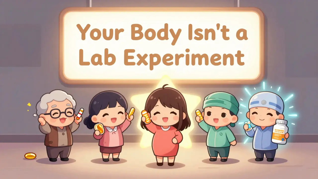 Tiny figures with supplements facing a giant sign warning against body experiments.