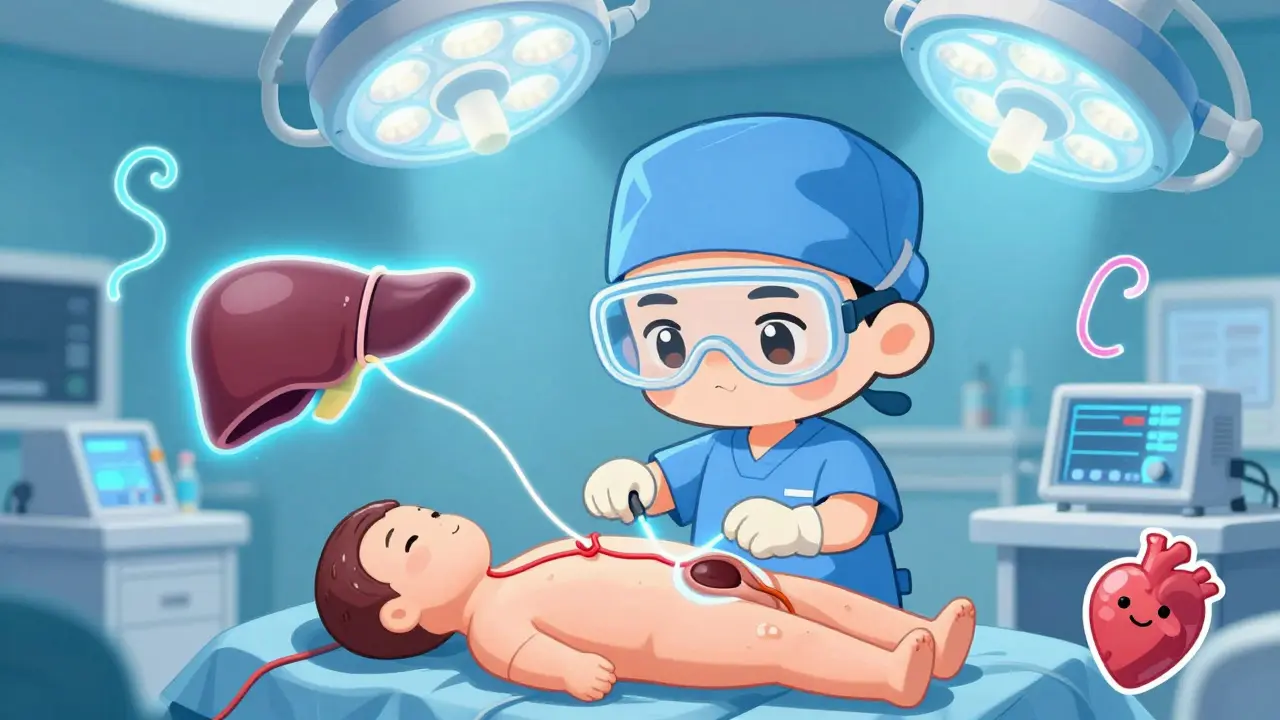 Tiny surgeon connecting a glowing liver during transplant with floating bile ducts