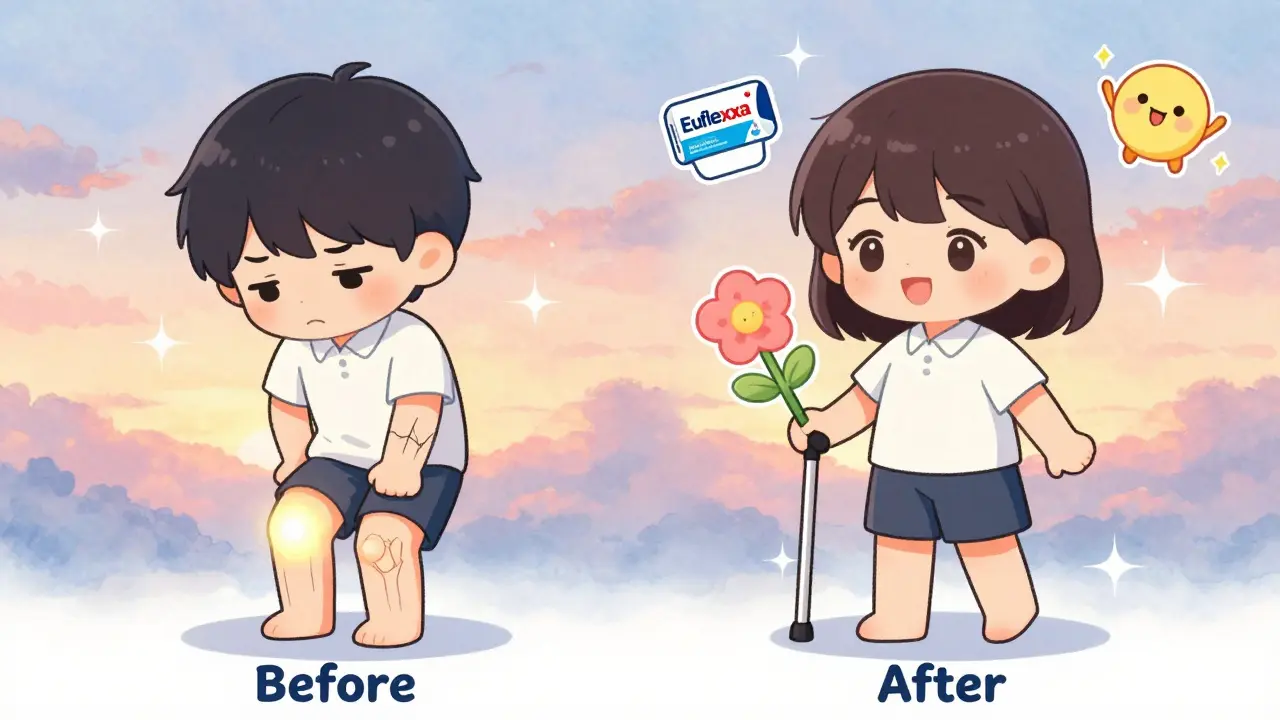 Two chibi characters showing before and after knee pain relief with sparkling joints and product mascots.