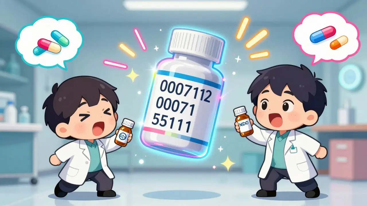 Two pharmacists comparing pill bottles with a glowing NDC code floating between them.