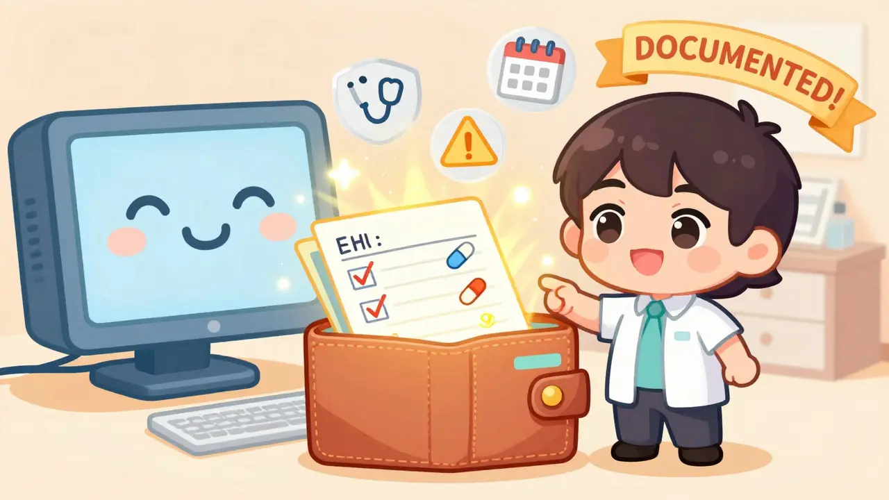 Wallet opening to reveal handwritten medication log with protective icons