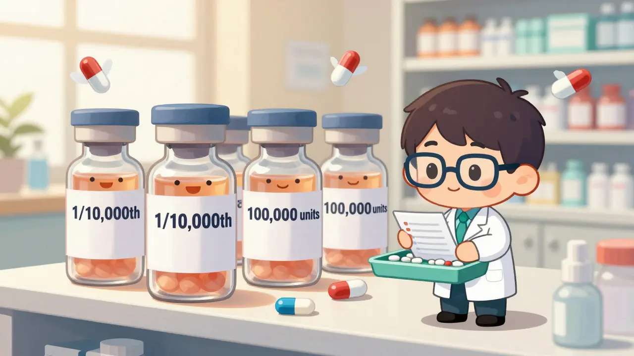 Whimsical pharmacy shelf with labeled penicillin vials and floating medication pills