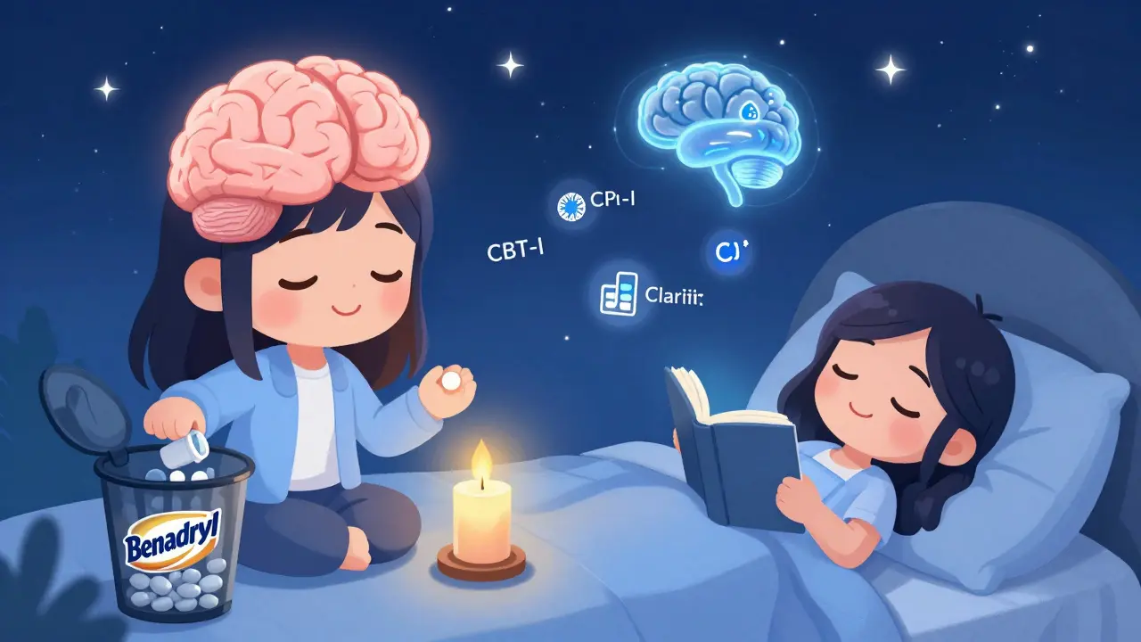 Woman replacing sleep aid with melatonin and peaceful bedtime routine.