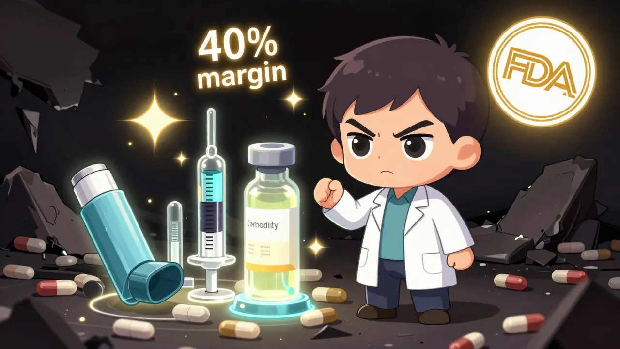 A scientist surrounded by advanced drug devices with glowing margins, contrasting with collapsing simple pills.