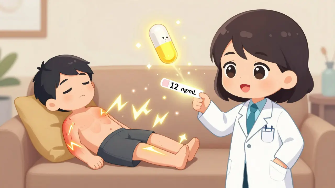 A tired patient with glowing vitamin D test results as golden light eases muscle pain.