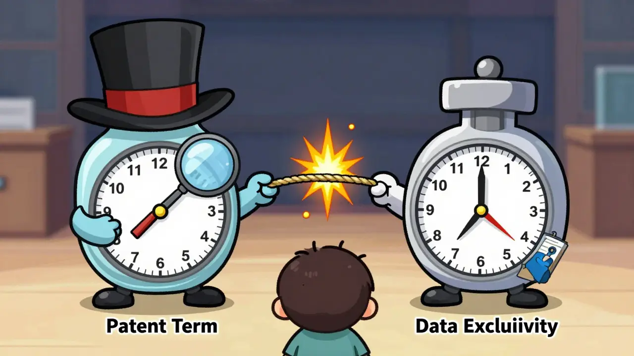 Cartoon USPTO and FDA characters pulling on a drug vial's two clocks representing patent and data exclusivity.
