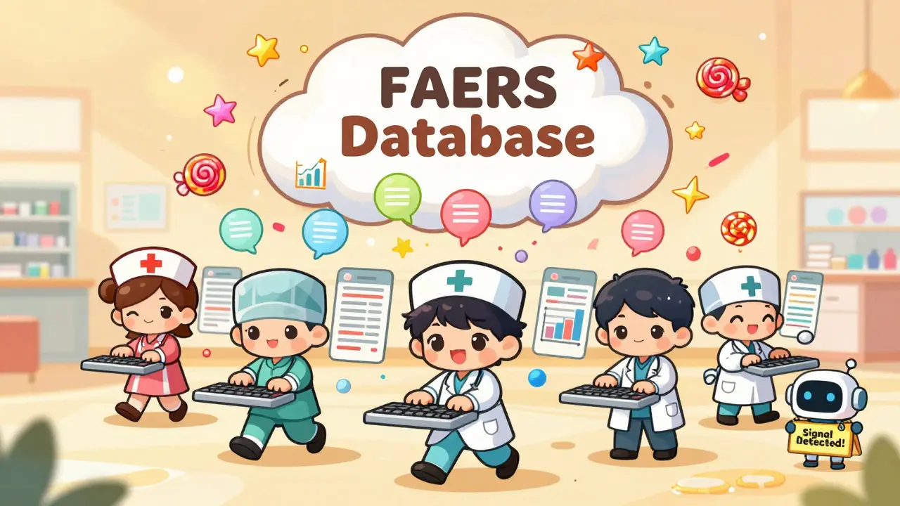 Chibi healthcare workers sending report bubbles into a glowing FAERS database cloud