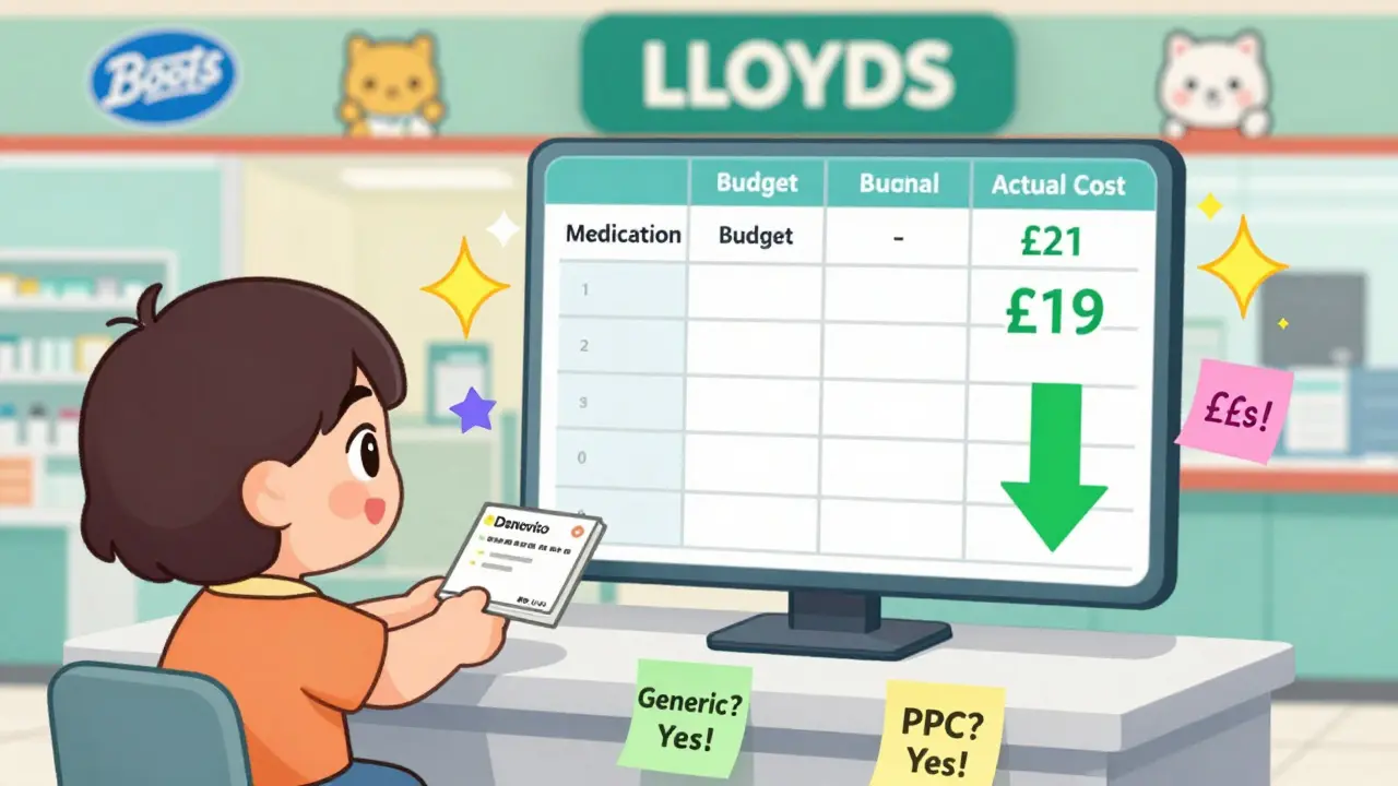 Cute pharmacist handing a prescription while a savings spreadsheet floats behind with green arrows.