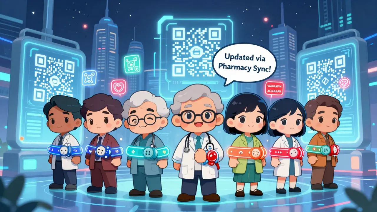 Diverse group with glowing QR medical bracelets connected to digital hospital network.
