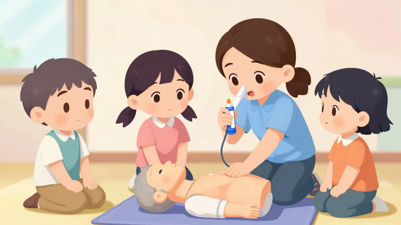 Family practicing naloxone administration on a mannequin during training session.