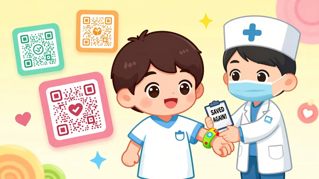 Happy child wearing colorful medical bracelet as QR codes show allergy alerts above.