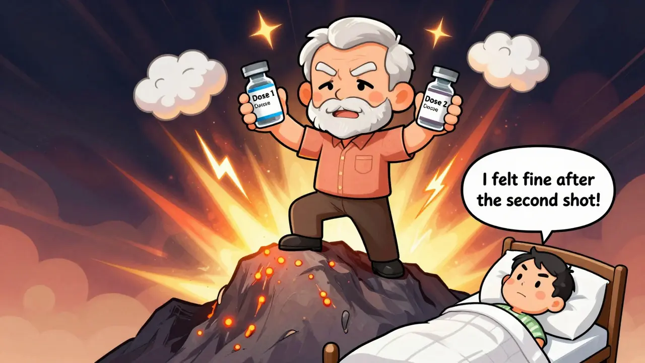 Man stands proudly after Shingrix shots, defeating shingles symptoms in chibi anime style.