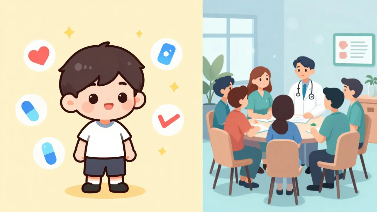 Online and in-person support group scenes with abstract icons.