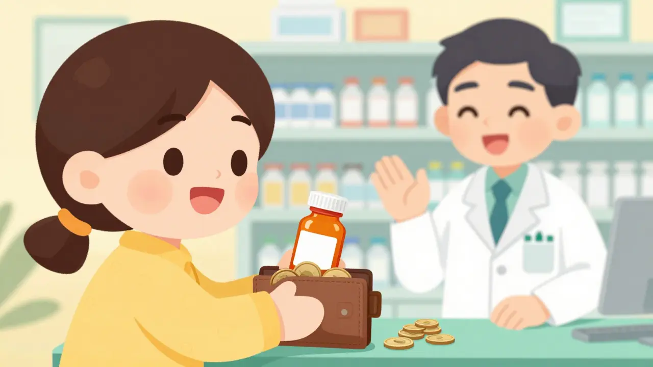 Patient with coins and medicine bottle, pharmacist nodding in pharmacy.