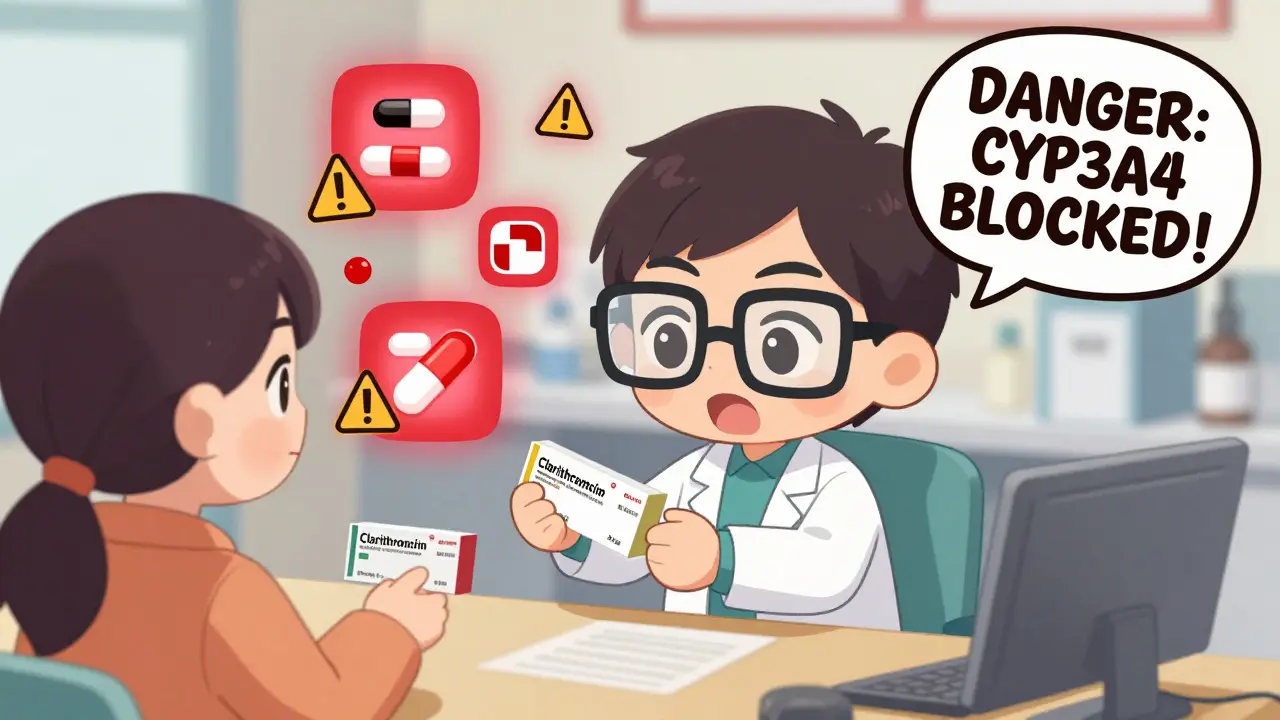 Pharmacist stopping patient from picking up clarithromycin with warning icons floating around.