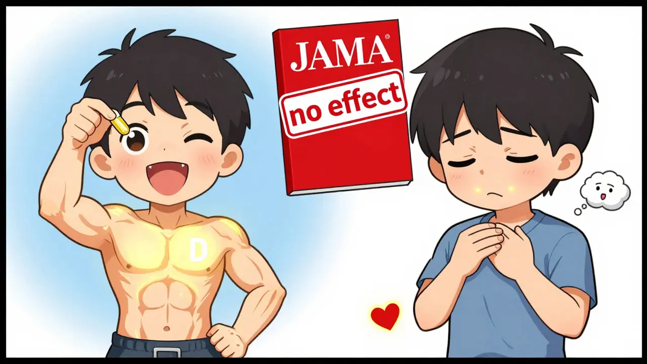 Side-by-side chibi scenes: one patient improves with vitamin D, another has no change on statins.