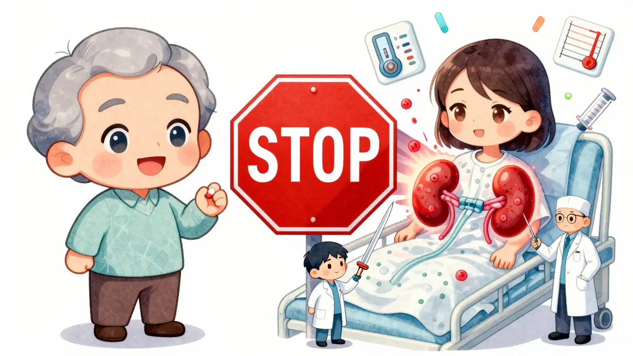 Split scene: happy pill-taker vs. sick patient with kidneys under attack by immune cells.