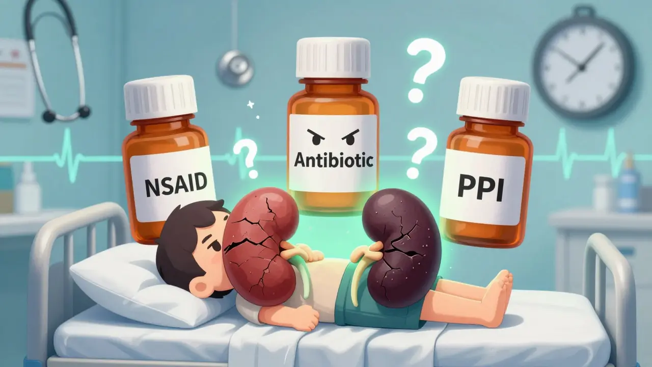 Three medication bottles loom over a hospitalized figure with damaged kidneys.