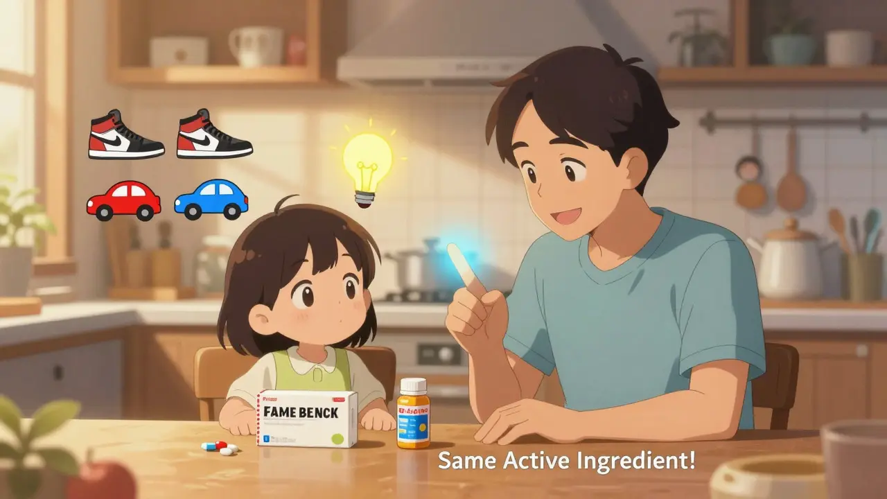 A father and child compare pills at the kitchen table, with floating analogies of shoes, cars, and juice boxes showing they're identical inside.