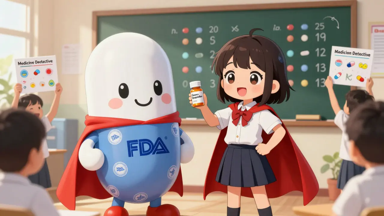 A girl points proudly at a generic pill bottle while a pill superhero mascot stands beside her, with classmates holding matching game charts.