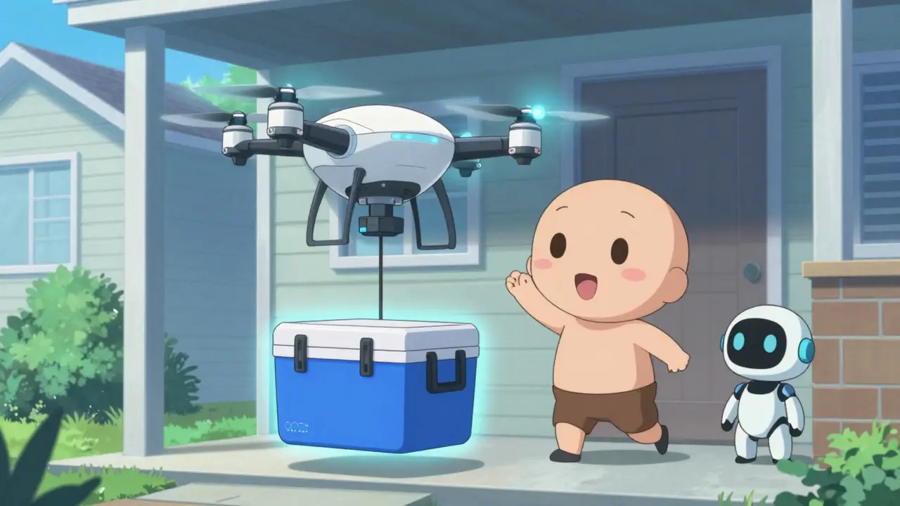 Automated drone delivering secure medical cooler box