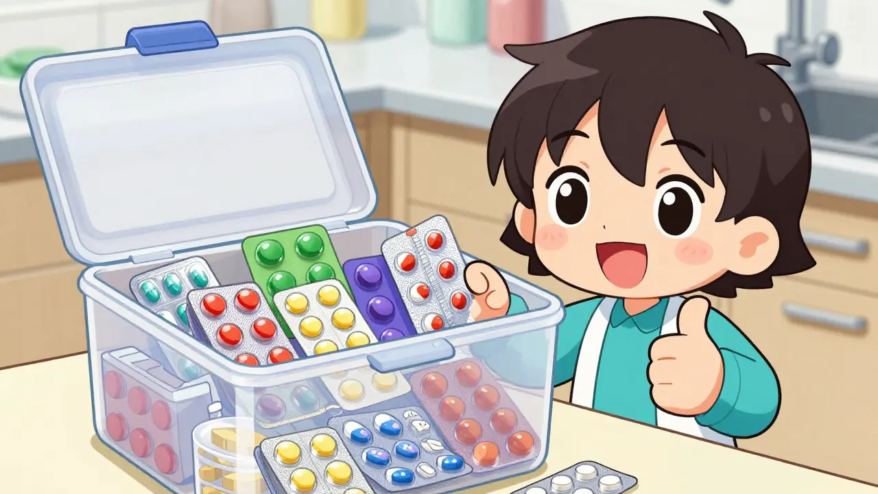 Cheerful chibi patient organizing large medicine supply