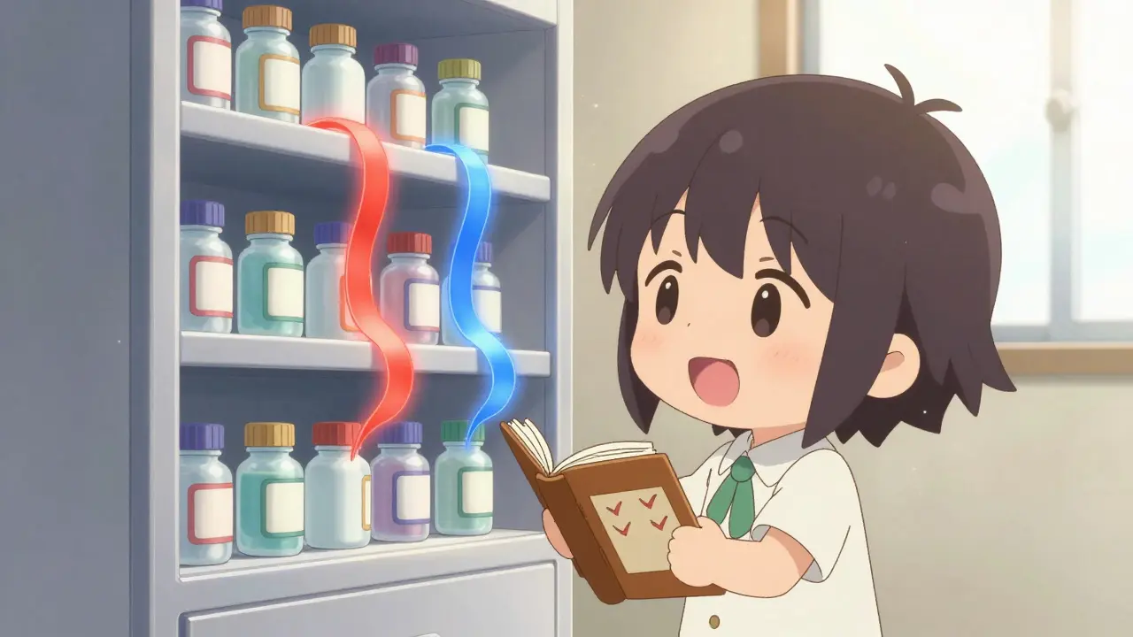 Chibi person organizes medicine with glowing color indicators