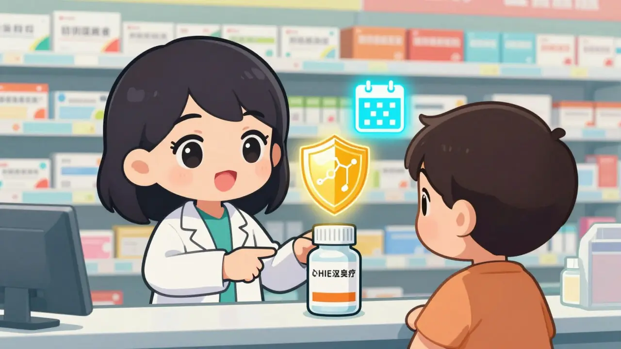 Chibi pharmacist explains difference between two label types