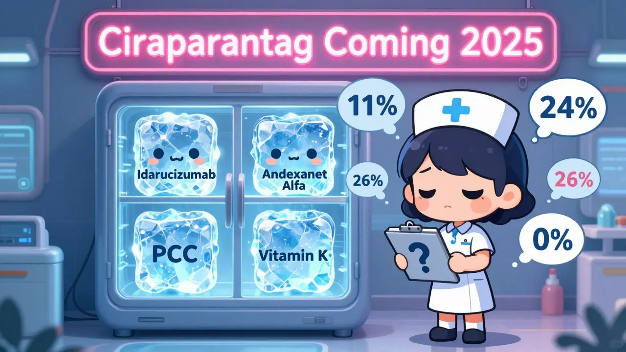 Chibi reversal agents in a freezer with cost tags and a sign for future drug Ciraparantag.