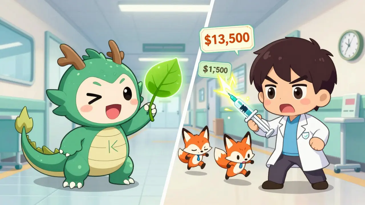 Chibi vitamin K helping warfarin while PCC fights DOACs in a hospital corridor.