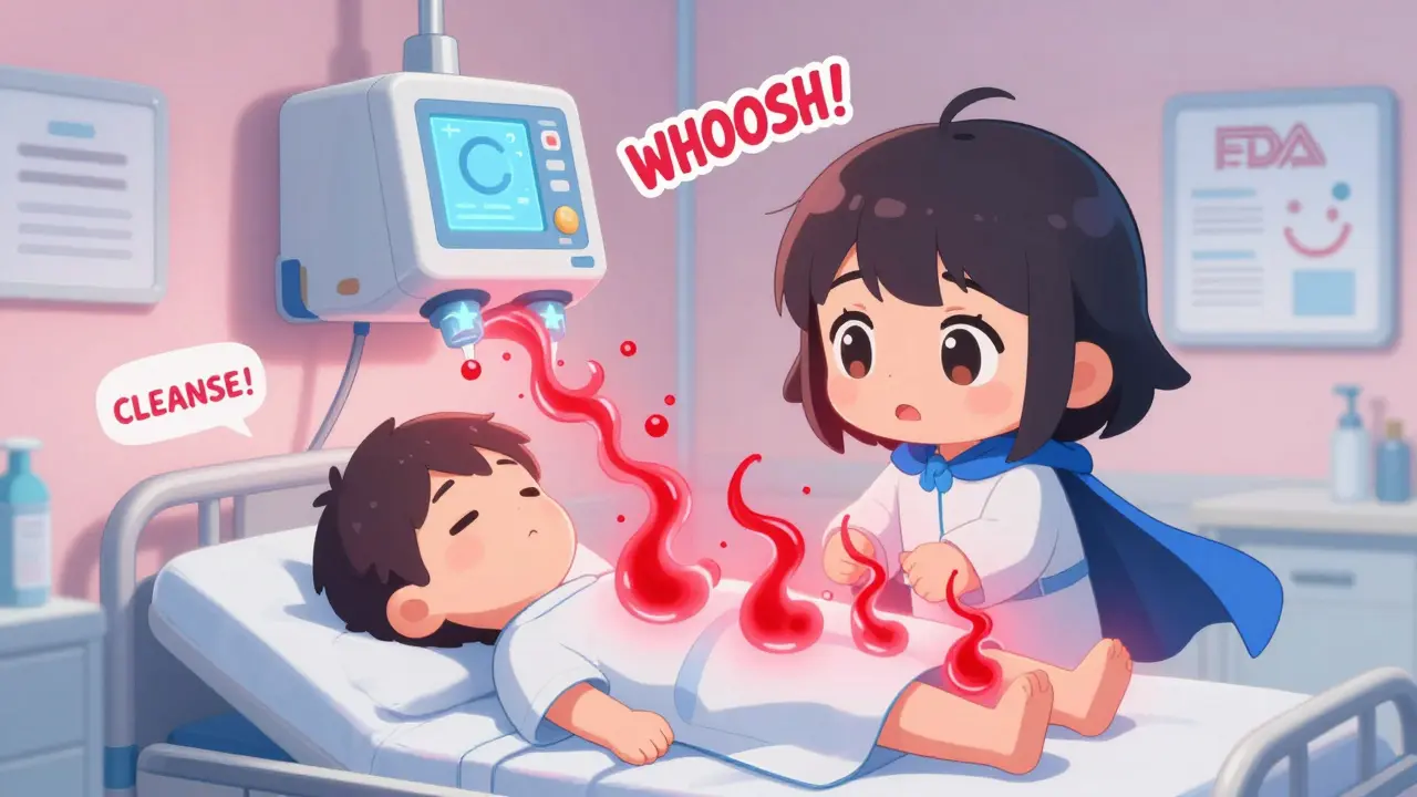 Cute patient in hospital with glowing lactic acid being cleaned by a heroic dialysis machine with a cape.