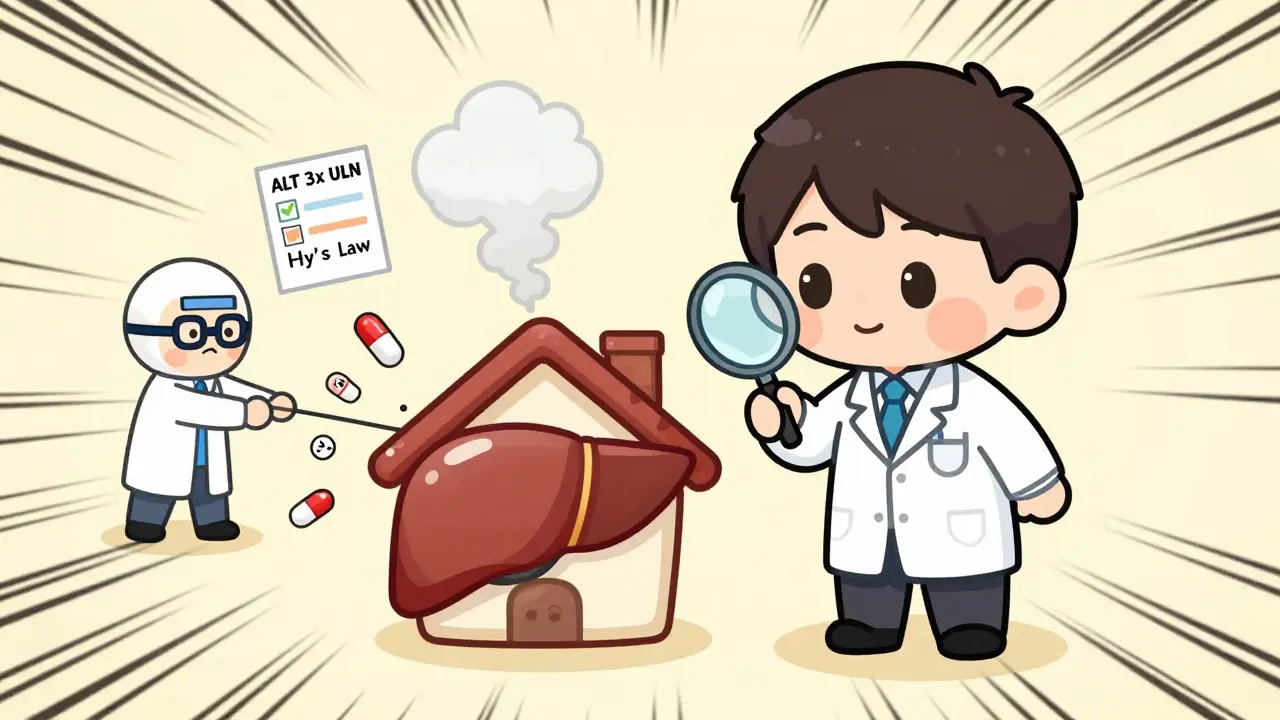 Doctor and pharmacist helping a cartoon liver while checking lab values