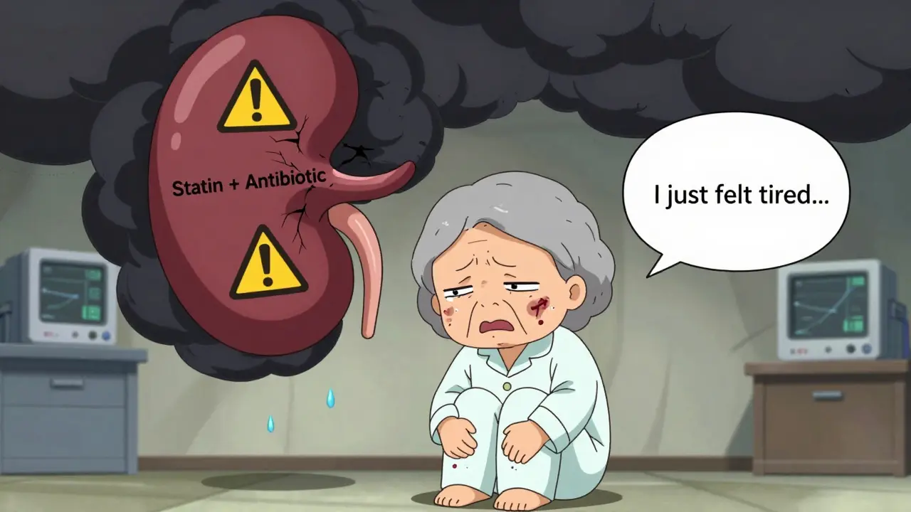 Elderly woman in pain as a giant warning pill combo looms over her, symbolizing drug interaction.