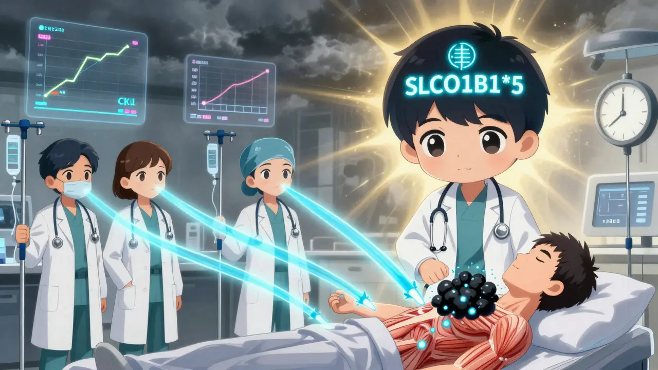 Medical team administering IV fluids to neutralize toxic muscle breakdown, with genetic marker glowing.