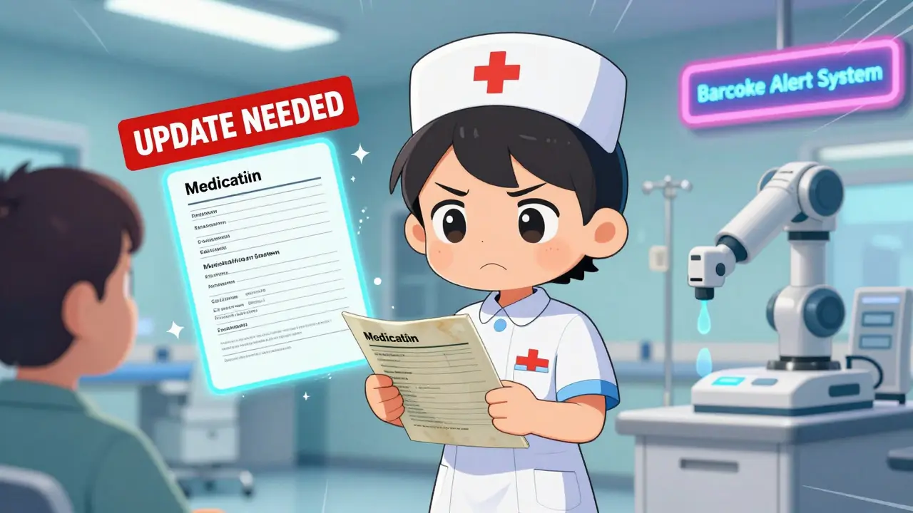 Nurse comparing outdated and updated Medication Guides in a clinic