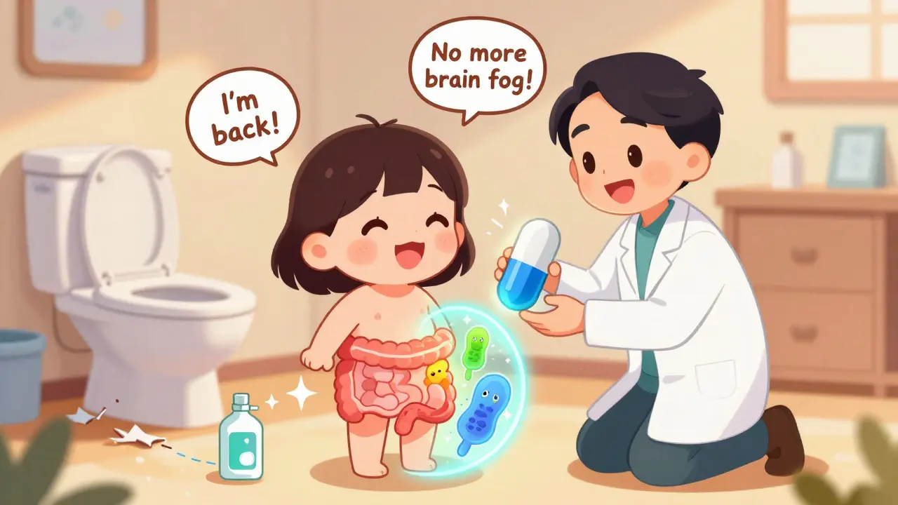 Patient receiving FMT capsule as rainbow bacteria return to gut, symbolizing recovery.