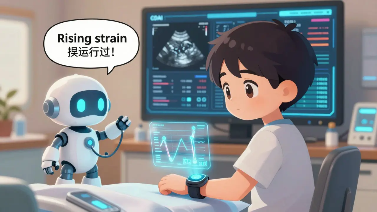 Patient with wearable sensor and AI assistant showing rising joint strain via holographic data.