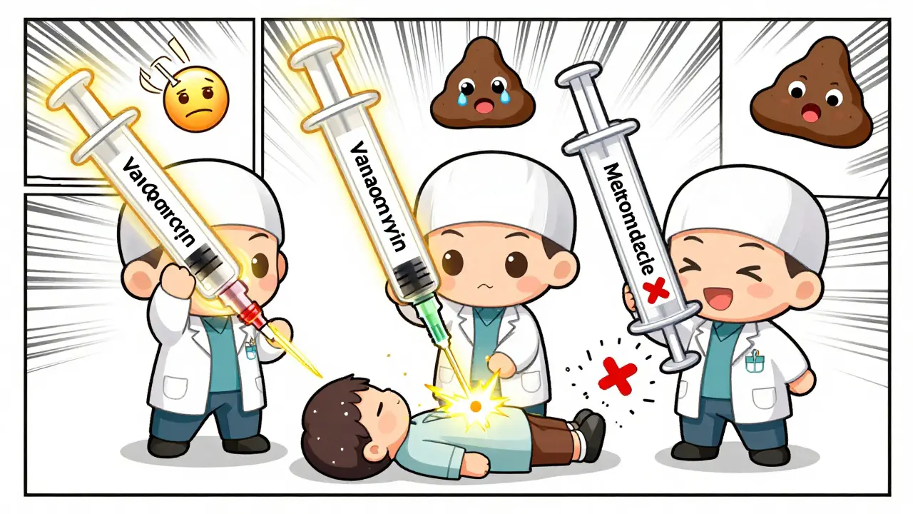 Three doctors with syringes, two effective, one failing, in a gut health battle scene.